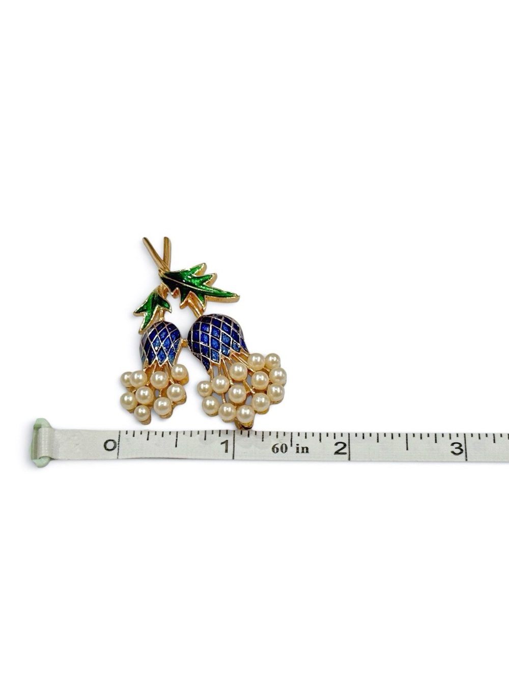 Vintage Crown Trifari Thistle Brooch & Earrings Set Faux Pearl Blue Enamel - Picture 11 of 12